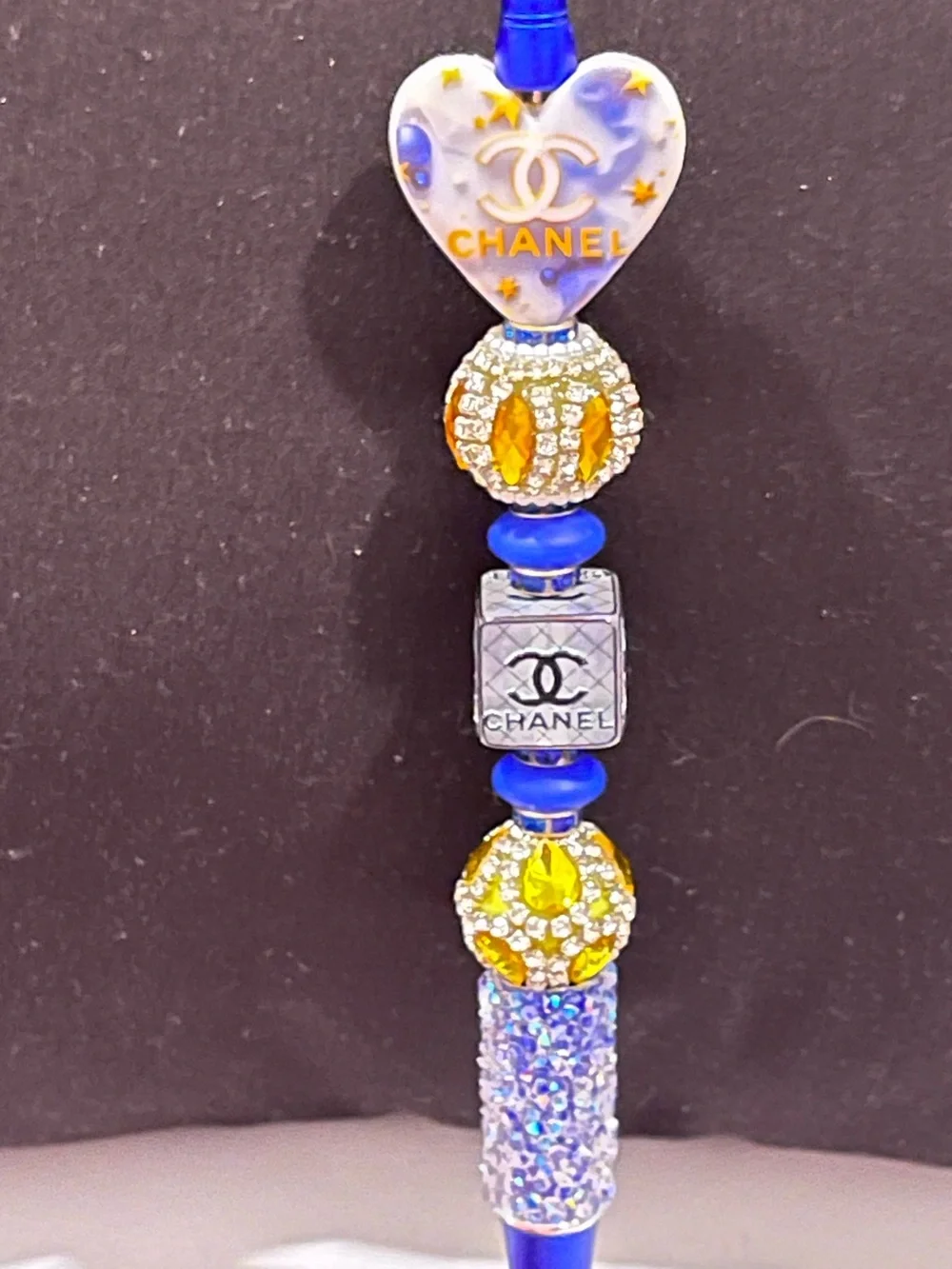 Designer inspired Blue and Gold silicone focal fancy beaded pen